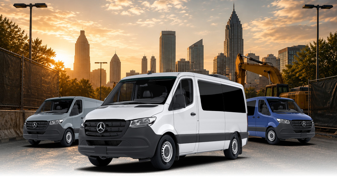 Mercedes-Benz Sprinter lineup featuring Cargo, Crew, and Passenger Vans.