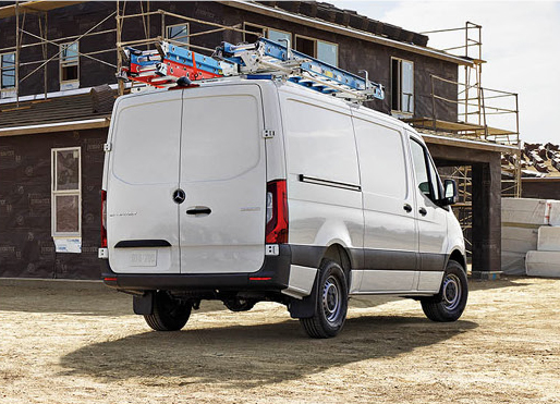 Rear view of a Mercedes-Benz Sprinter Cargo Van with contractor upfit.