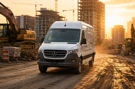 Mercedes-Benz Sprinter Cargo Van driving through an active construction zone.