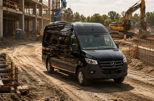 Black Mercedes-Benz Sprinter Passenger Van driving through a construction site.
