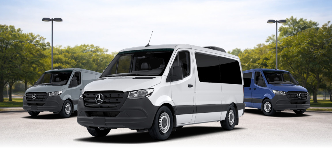 Mercedes-Benz Sprinter lineup featuring Cargo, Crew, and Passenger Vans.