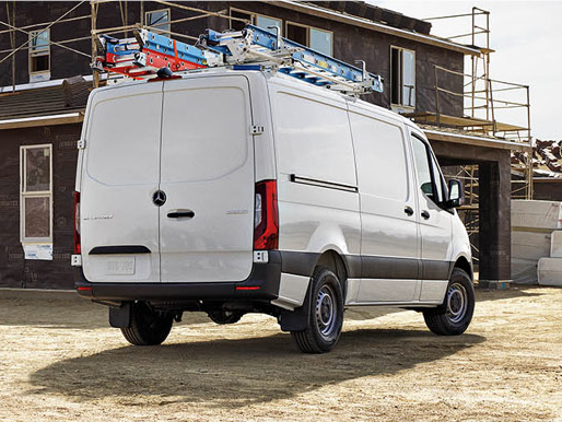 Rear view of a Mercedes-Benz Sprinter Cargo Van with contractor upfit.