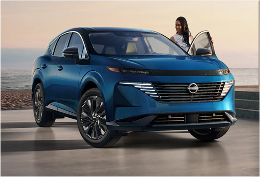 Blue Nissan Murano SUV parked by the waterfront with driver entering