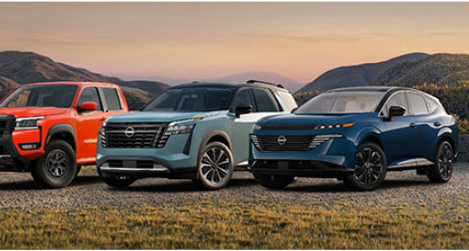 Nissan Frontier, Pathfinder, and Murano lineup in a scenic outdoor setting
