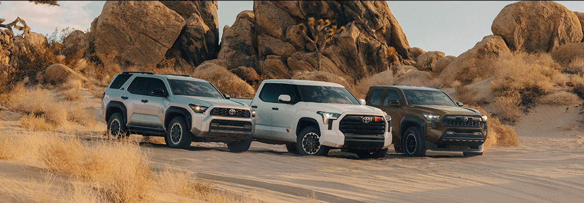 Toyota 4Runner, Land Cruiser, and Tacoma lineup in a rugged desert setting