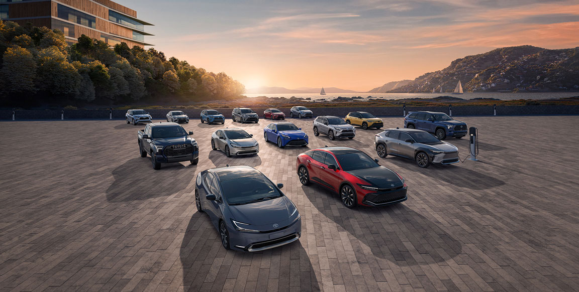 Toyota vehicle lineup featuring cars, SUVs, trucks, and electrified models