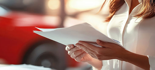 Customer reviewing vehicle purchase or financing documents at a dealership