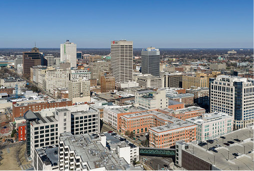 Downtown Memphis skyline aerial view showcasing the city skyline and urban landscape.
