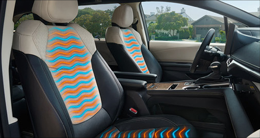 Front seats of the Toyota Sienna featuring available heated and ventilated seating with climate comfort technology visualization.
