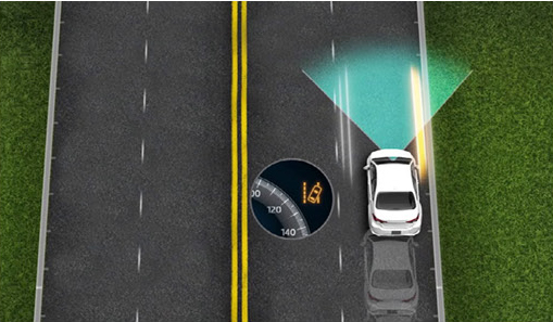 Toyota Safety Sense Lane Departure Alert illustration showing lane detection and steering assistance on a highway.