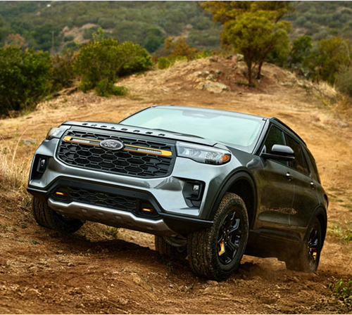 Ford Explorer Timberline SUV driving off-road on a rugged dirt trail showcasing adventure-ready capability and all-terrain performance.
