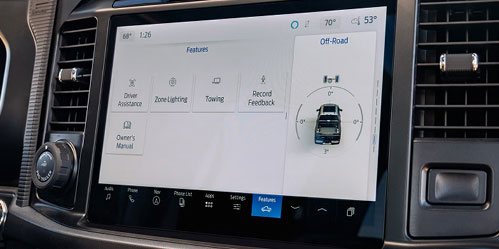 Ford F-150 center touchscreen displaying off-road vehicle features and driving information