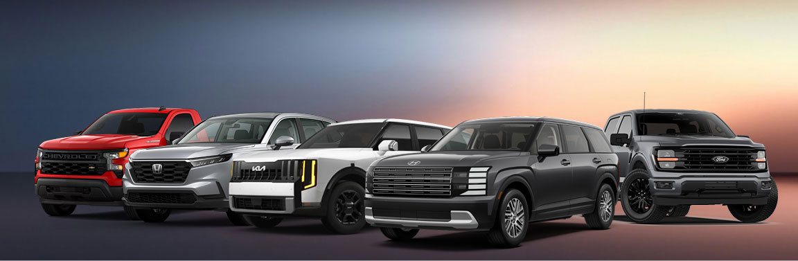 Chevrolet Silverado, Honda Ridgeline, Kia Telluride, Hyundai Palisade, and Ford F-150 displayed together against a sunset background
