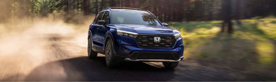 Blue Honda CR-V compact SUV driving on a dusty forest road