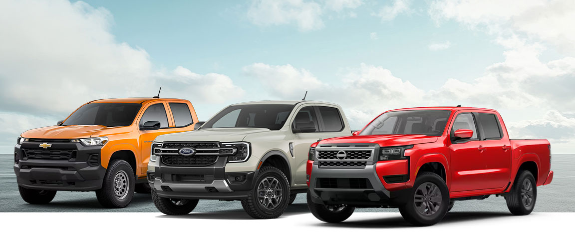 Chevrolet Colorado, Ford Ranger, and Nissan Frontier trucks side by side