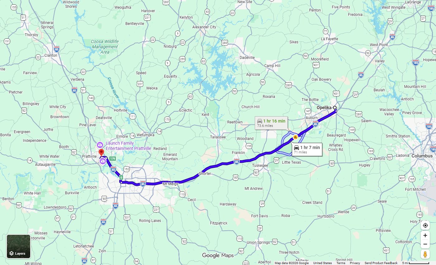 Google Maps route from Opelika, AL to Stivers Chrysler Dodge Jeep Ram in Prattville, about 71 miles via I-85 South