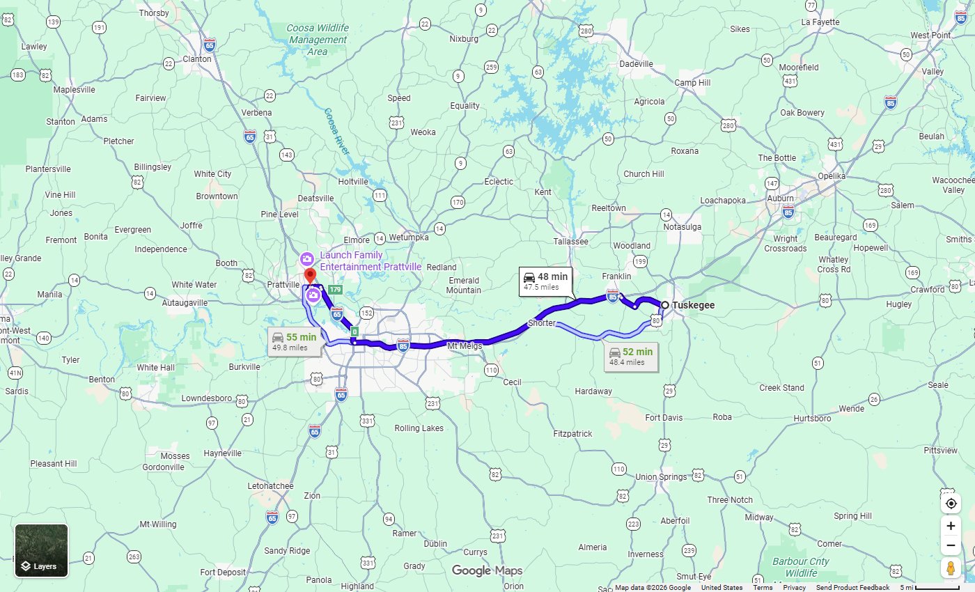 Google Maps route from Tuskegee, AL to Stivers CDJR in Prattville, about 48 miles via I-85 South and I-65 North