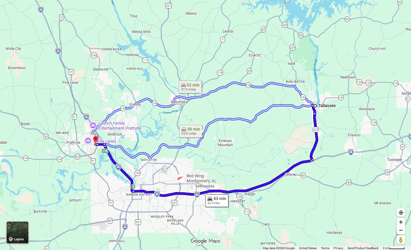 Google Maps route from Tallassee, AL to Stivers Chrysler Dodge Jeep Ram in Prattville, about 43 miles in 43 minutes