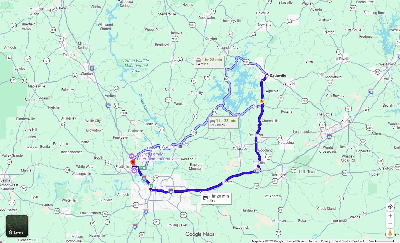 Google Maps route from Dadeville and Lake Martin to Stivers CDJR in Prattville, about 71 miles via AL-49 South and I-85 South