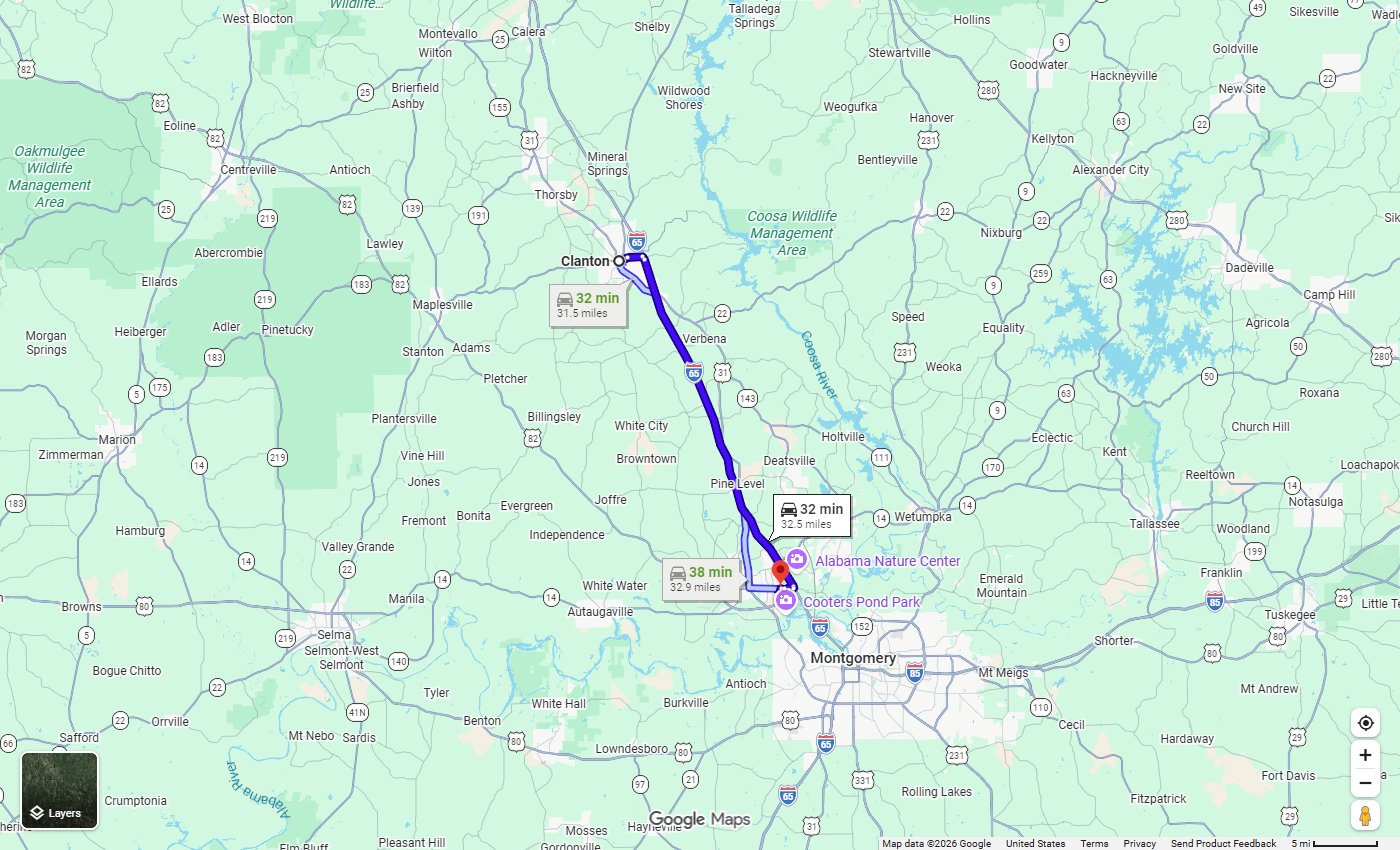 Google Maps route from Clanton, AL to Stivers Chrysler Dodge Jeep Ram in Prattville, about 32 miles via I-65 South