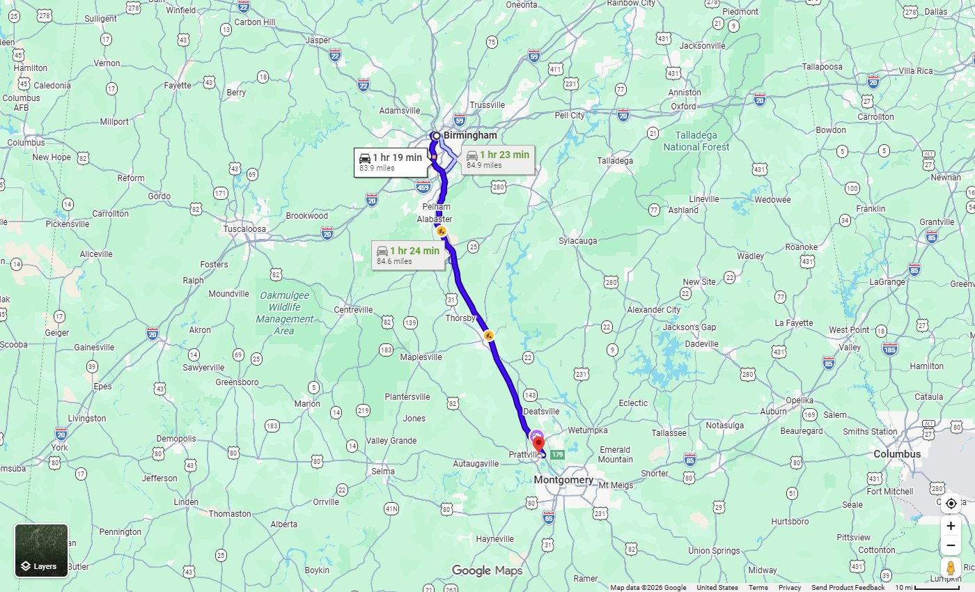 Google Maps route from Birmingham, AL to Stivers CDJR in Prattville, about 84 miles via I-65 South