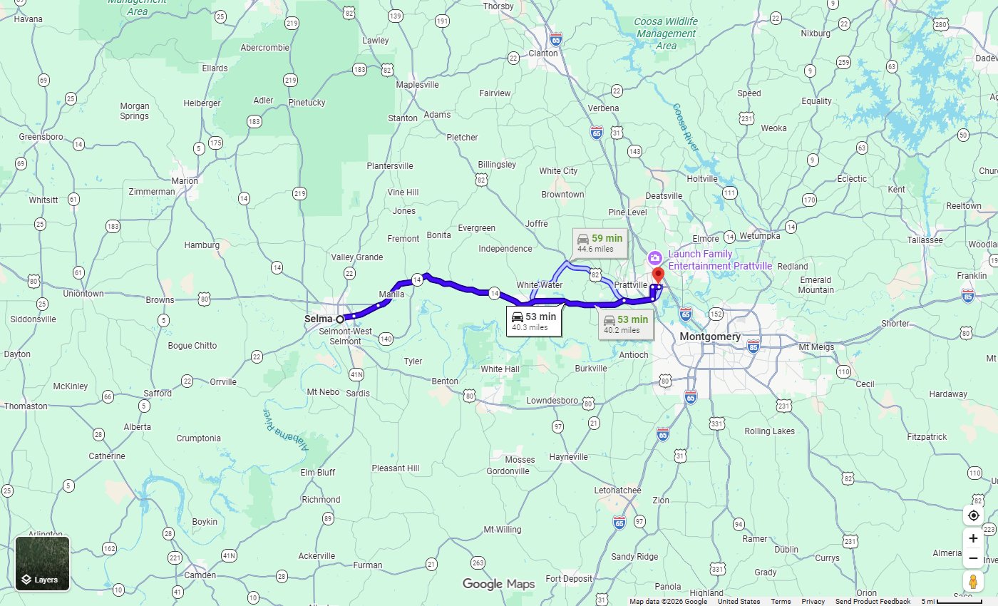 Google Maps route from Selma, AL to Stivers Chrysler Dodge Jeep Ram in Prattville, about 40 miles via AL-14 East