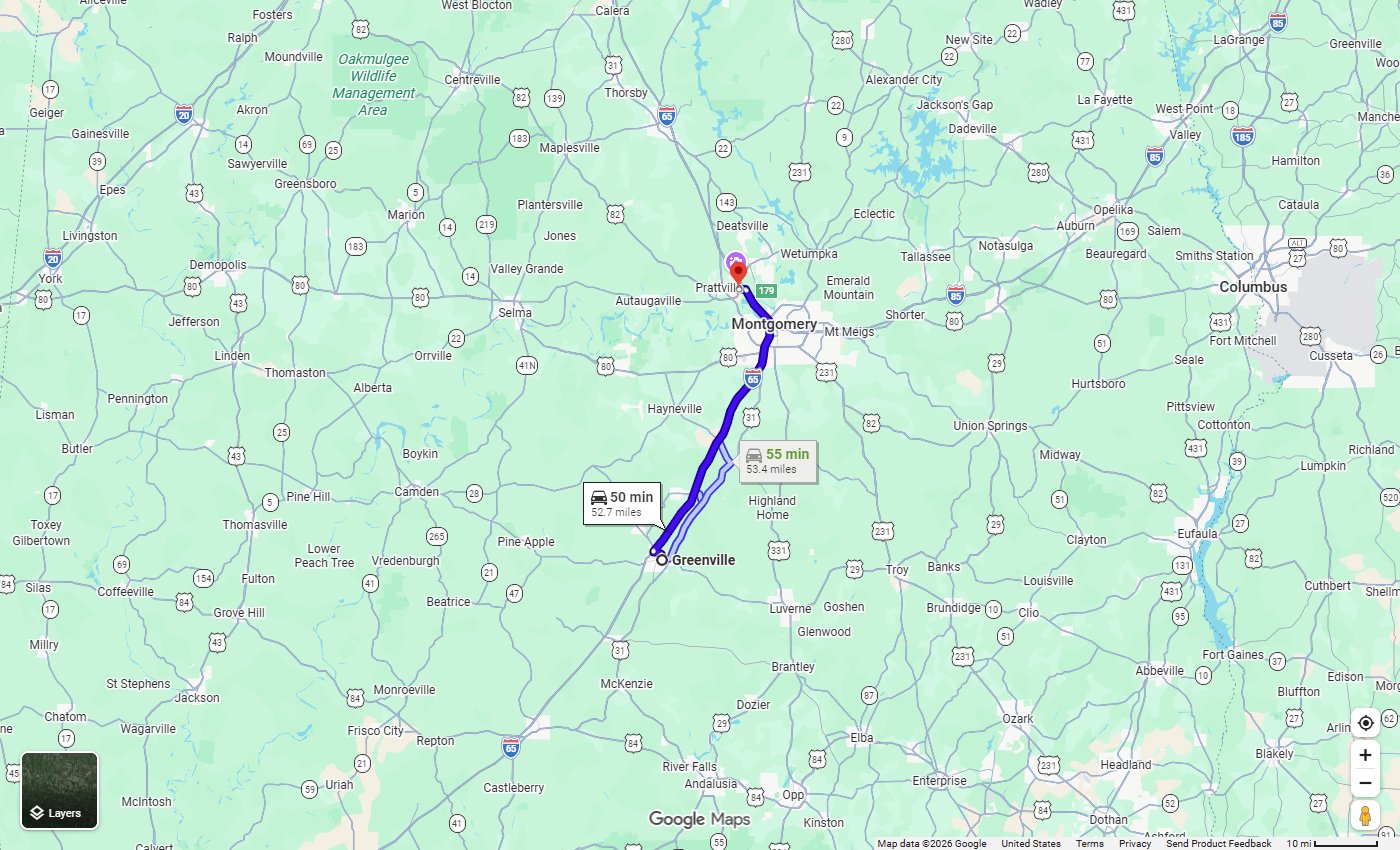 Google Maps route from Greenville, AL to Stivers CDJR in Prattville, about 53 miles via I-65 North