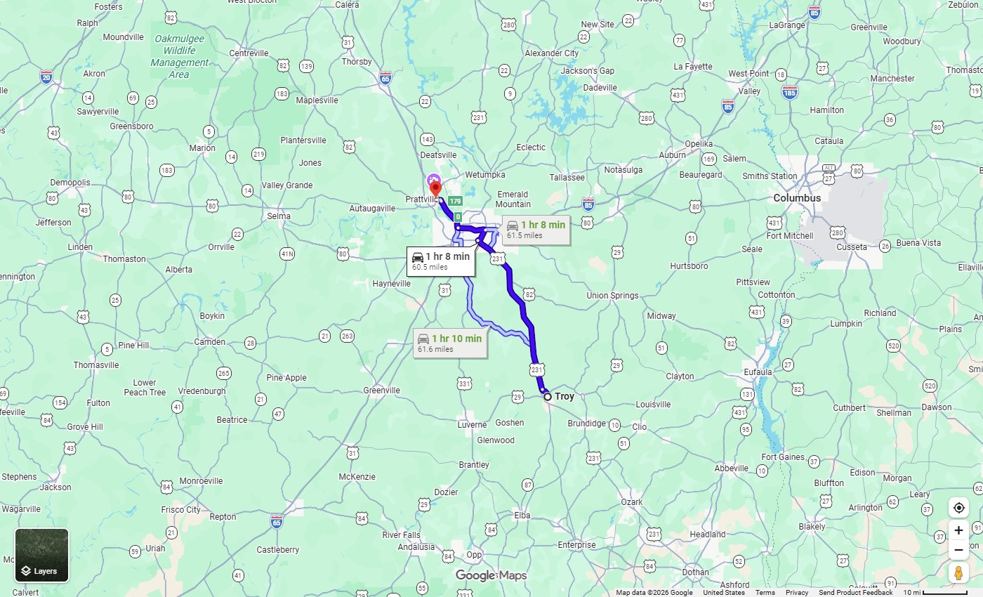 Google Maps route from Troy, AL to Stivers Chrysler Dodge Jeep Ram in Prattville, about 61 miles via US-231 North