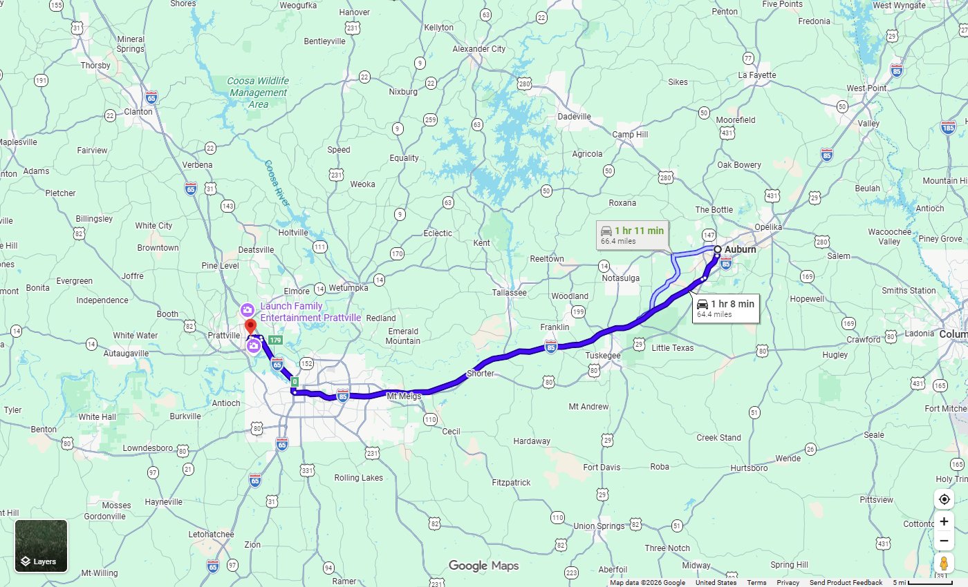 Google Maps route from Auburn, AL to Stivers Chrysler Dodge Jeep Ram in Prattville, about 64 miles via I-85 South