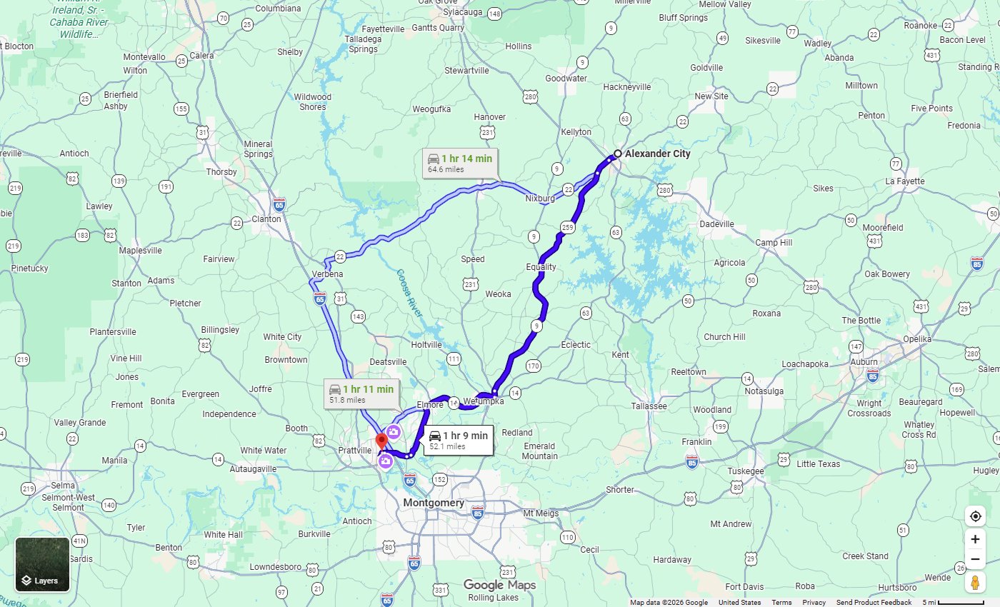 Google Maps route from Alexander City, AL to Stivers CDJR in Prattville, about 52 miles via AL-9 South