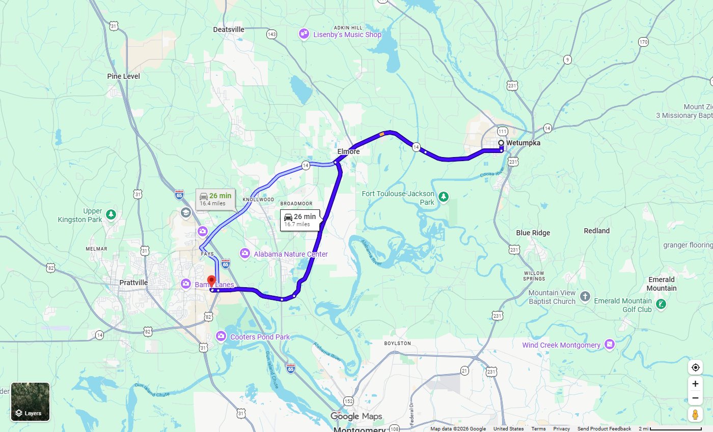 Google Maps route from Wetumpka, AL to Stivers Chrysler Dodge Jeep Ram in Prattville, about 17 miles via Elmore Road