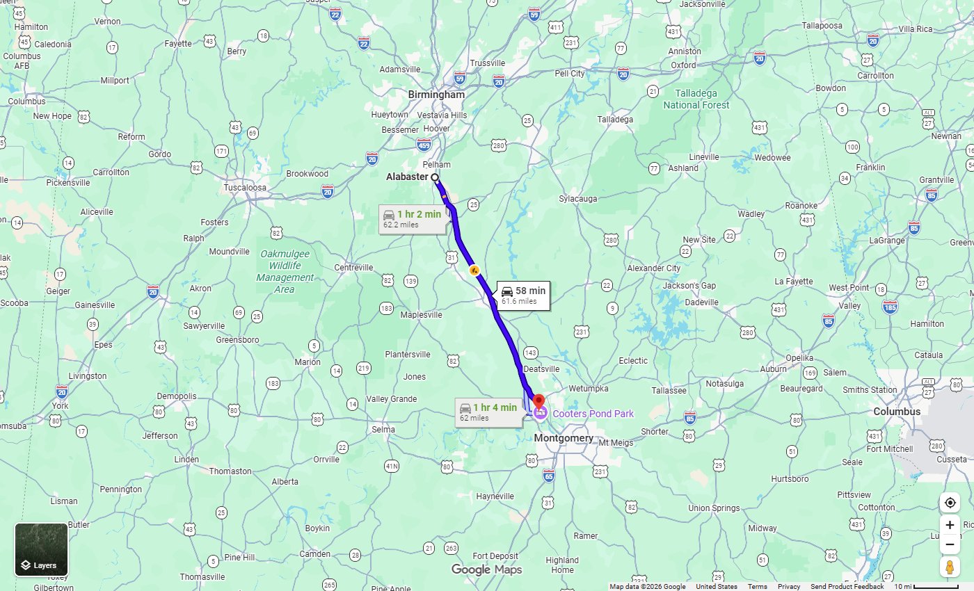 Google Maps route from Alabaster, AL to Stivers CDJR in Prattville, about 62 miles via I-65 South