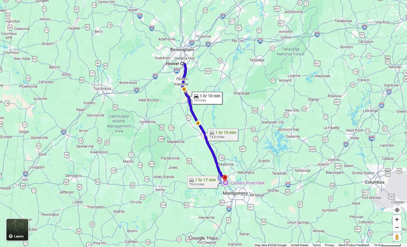 Google Maps route from Hoover, AL to Stivers Chrysler Dodge Jeep Ram in Prattville, about 75 miles via I-65 South
