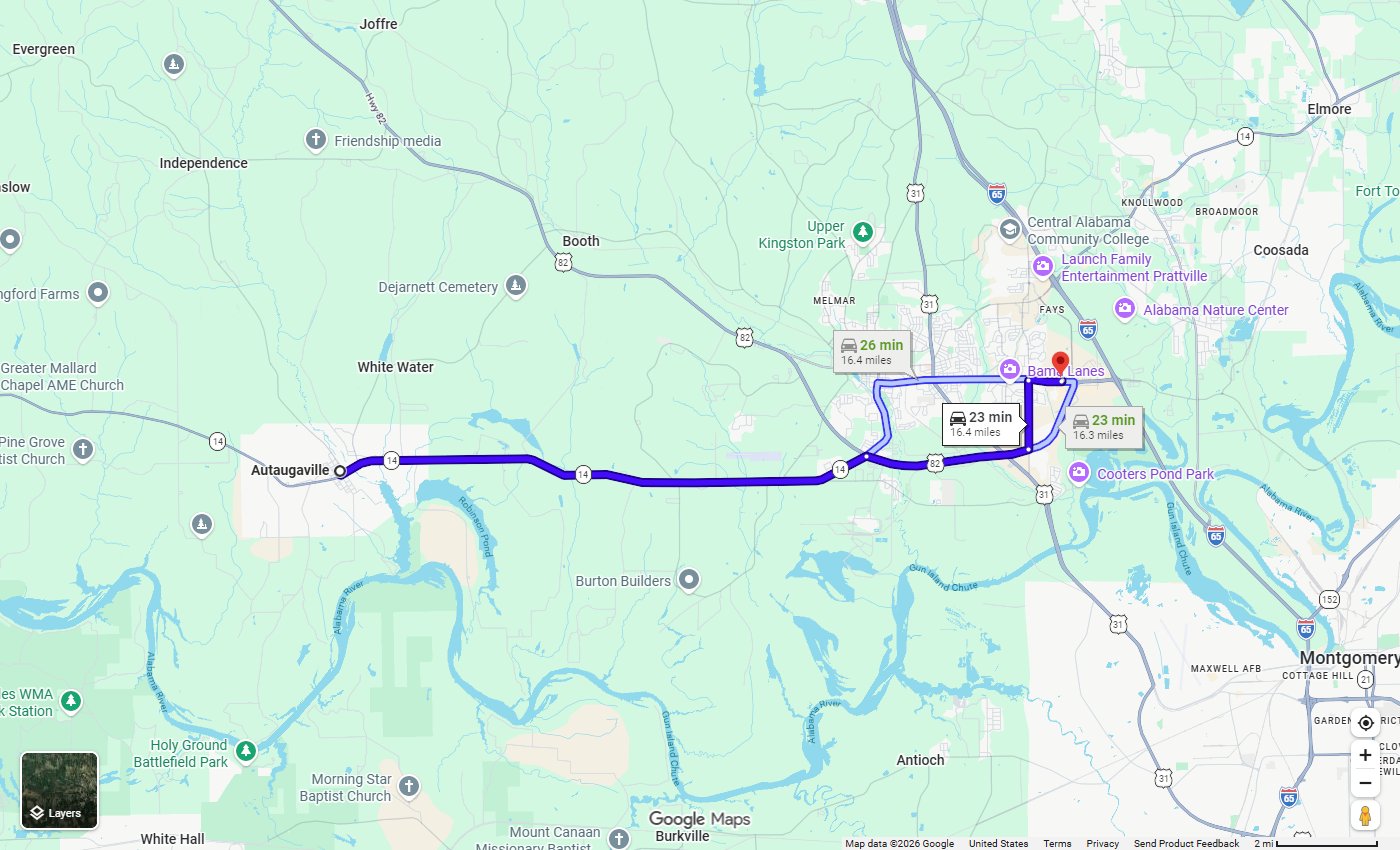 Google Maps route from Autaugaville, AL to Stivers CDJR in Prattville, about 16 miles via AL-14 East