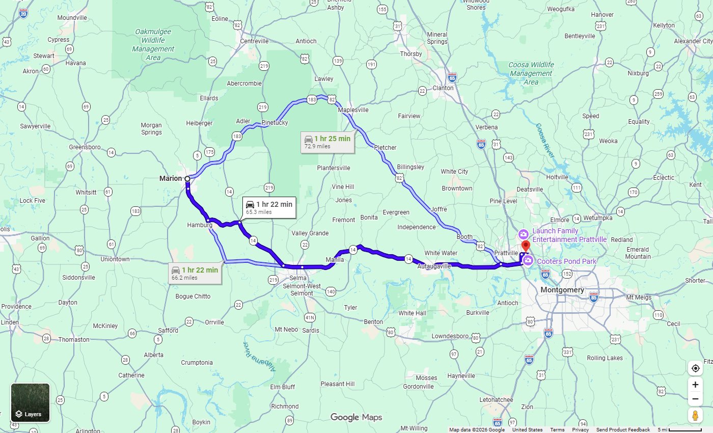 Google Maps route from Marion, AL to Stivers Chrysler Dodge Jeep Ram in Prattville, about 65 miles via AL-14 East