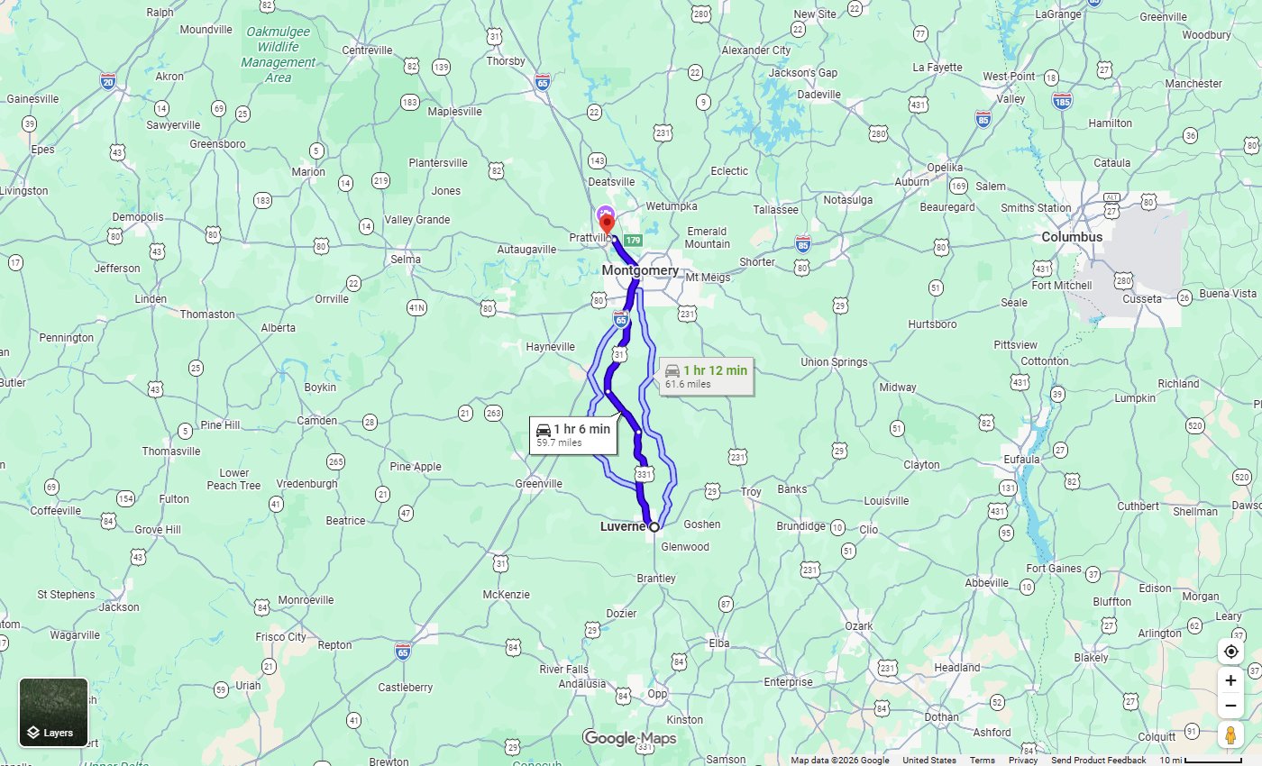 Google Maps route from Luverne, AL to Stivers CDJR in Prattville, about 60 miles via US-331 North