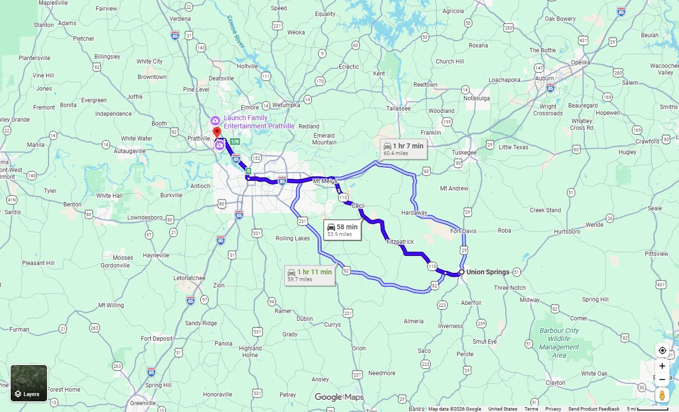 Google Maps route from Union Springs, AL to Stivers Chrysler Dodge Jeep Ram in Prattville, about 54 miles via AL-110 and I-85