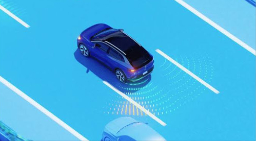 Volkswagen SUV with rear driver assistance sensors monitoring surrounding traffic
