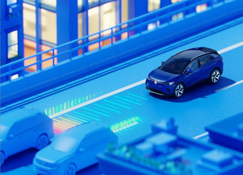 Volkswagen SUV using driver assistance technology in city traffic