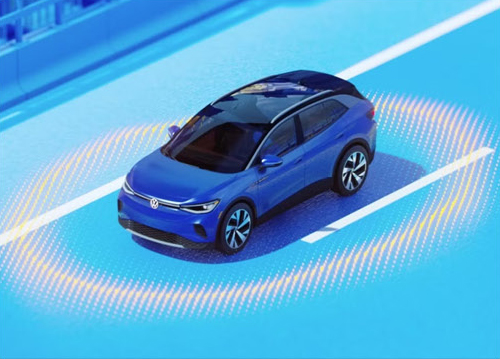 Volkswagen SUV surrounded by IQ.DRIVE safety and driver assistance sensors
