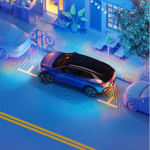 Volkswagen SUV using driver assistance sensors while navigating a city street