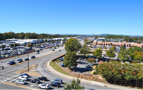 Aerial view of Spartanburg commercial district and surrounding roads