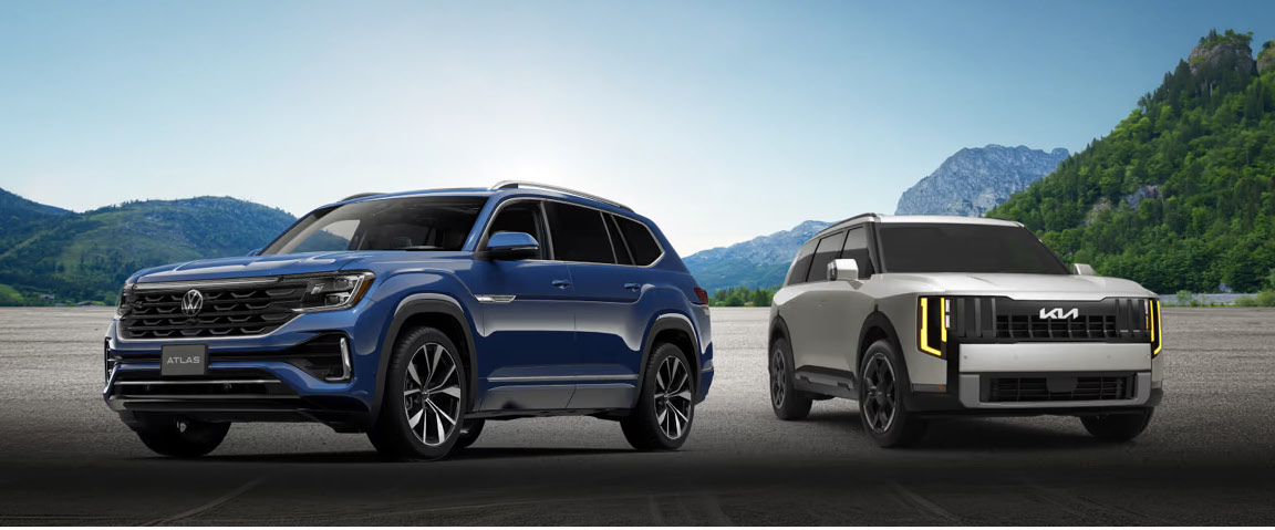 Volkswagen Atlas and Kia Telluride midsize SUVs compared side by side in a family SUV comparison.