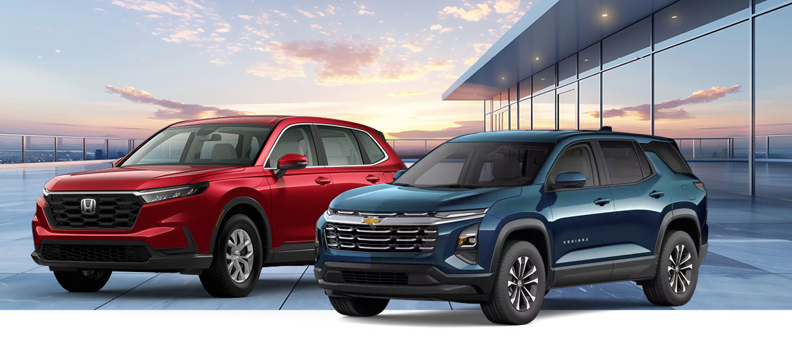 Chevrolet Equinox and Honda CR-V SUVs side by side at sunset